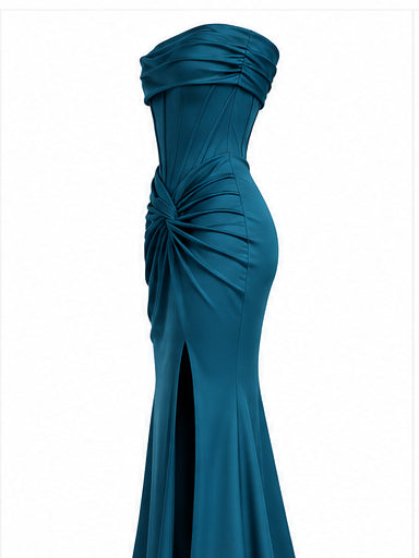 Women’s Teal Strapless Corset Maxi Dress with Draped Waist & Front Slit