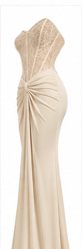 Women’s Beige Strapless Lace Corset Maxi Dress with Draped Waist