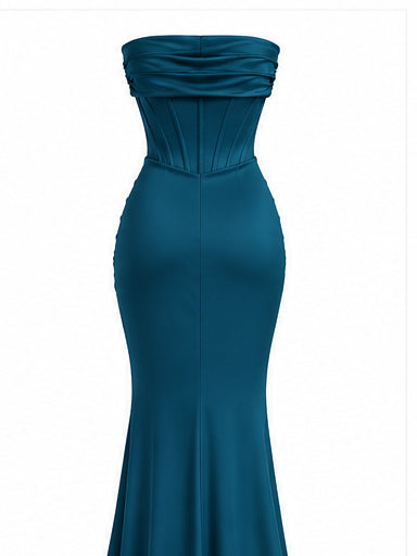Women’s Teal Strapless Corset Maxi Dress with Draped Waist & Front Slit