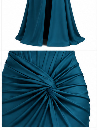 Women’s Teal Strapless Corset Maxi Dress with Draped Waist & Front Slit