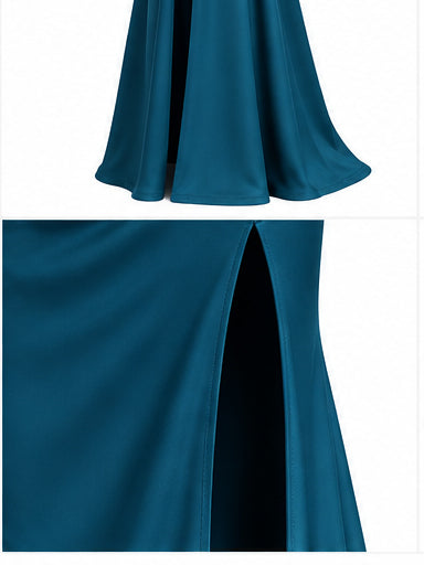 Women’s Teal Strapless Corset Maxi Dress with Draped Waist & Front Slit