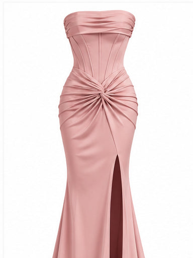 Women’s Blush Pink Strapless Corset Maxi Dress with Draped Waist & Front Slit