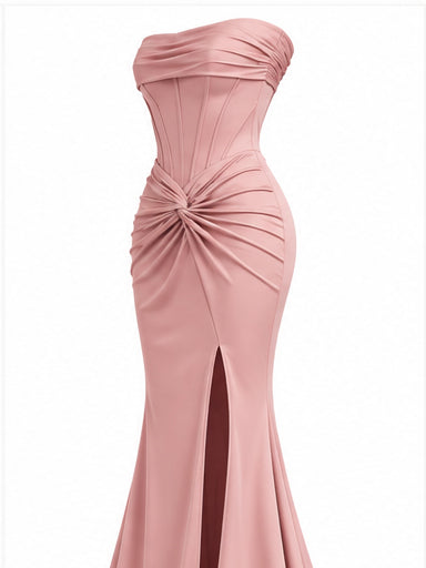 Women’s Blush Pink Strapless Corset Maxi Dress with Draped Waist & Front Slit