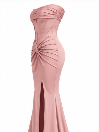 Women’s Blush Pink Strapless Corset Maxi Dress with Draped Waist & Front Slit