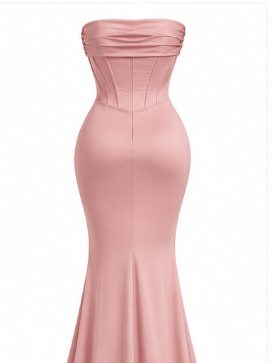 Women’s Blush Pink Strapless Corset Maxi Dress with Draped Waist & Front Slit