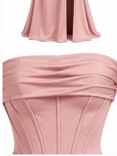 Women’s Blush Pink Strapless Corset Maxi Dress with Draped Waist & Front Slit