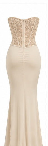 Women’s Beige Strapless Lace Corset Maxi Dress with Draped Waist