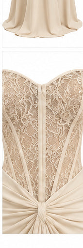 Women’s Beige Strapless Lace Corset Maxi Dress with Draped Waist