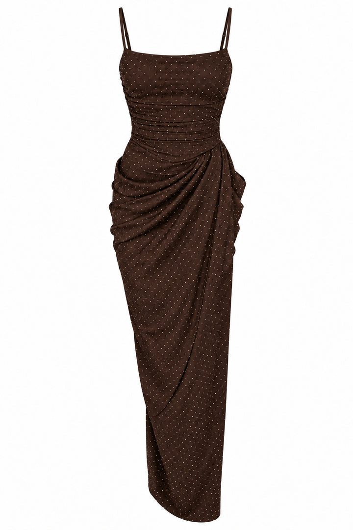Women’s Burgundy Ruched Maxi Dress with Sparkling Details