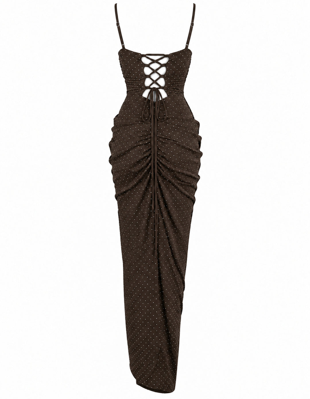 Women’s Chocolate Brown Ruched Maxi Dress with Sparkling Details