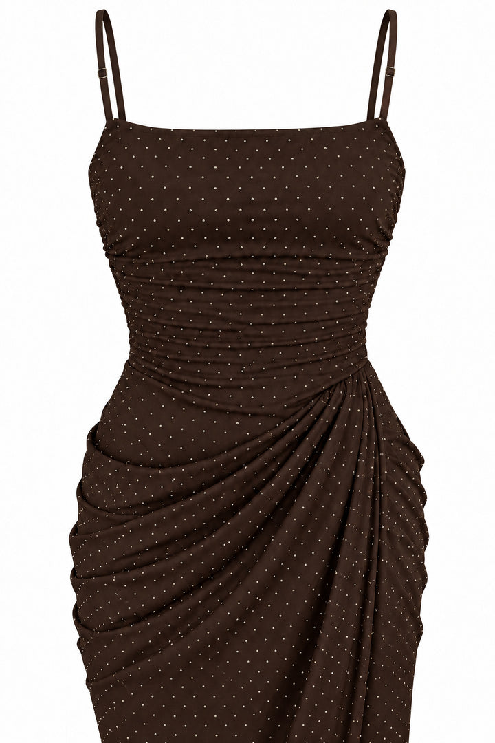 Women’s Chocolate Brown Ruched Maxi Dress with Sparkling Details