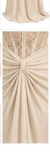 Women’s Beige Strapless Lace Corset Maxi Dress with Draped Waist