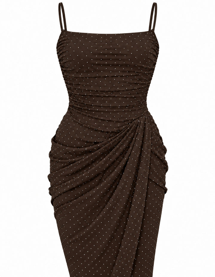Women’s Chocolate Brown Ruched Maxi Dress with Sparkling Details