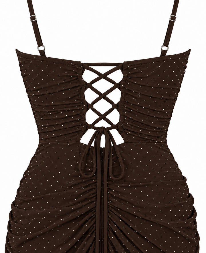 Women’s Chocolate Brown Ruched Maxi Dress with Sparkling Details