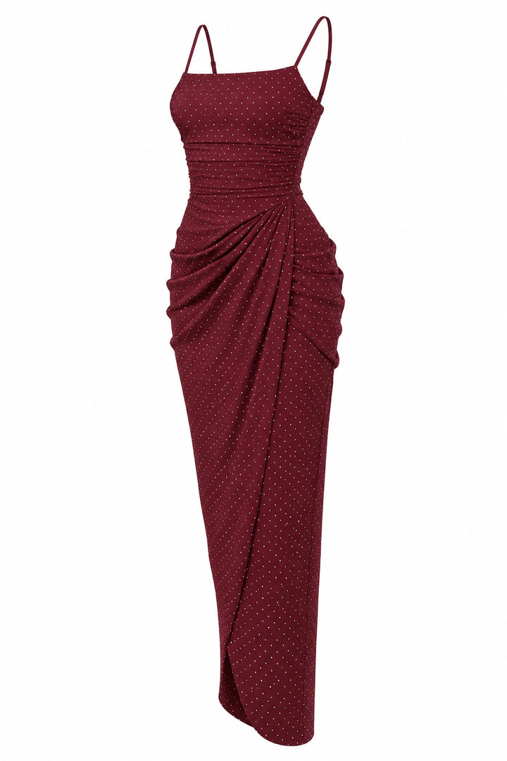 Women’s Burgundy Ruched Maxi Dress with Sparkling Details