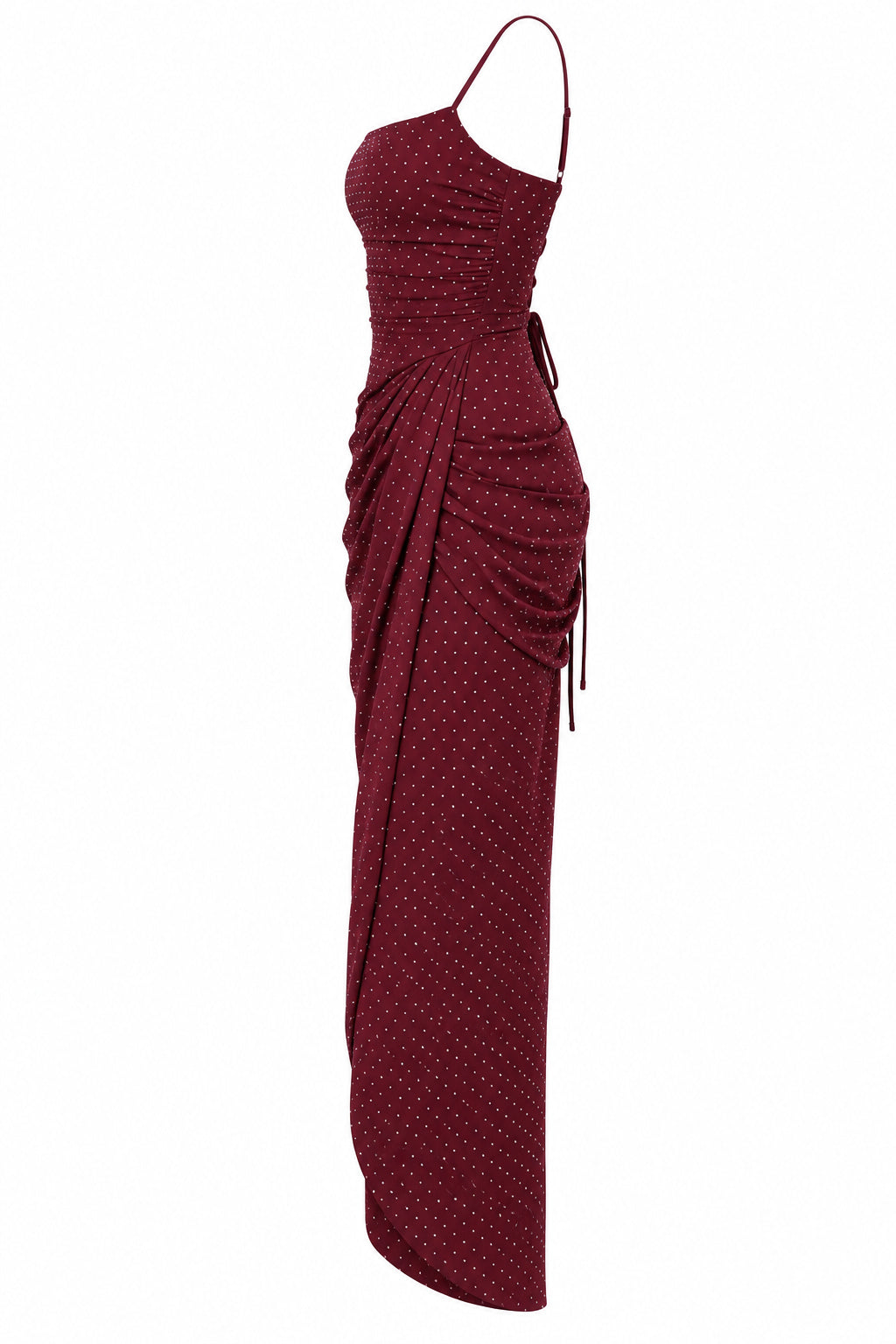 Women’s Burgundy Ruched Maxi Dress with Sparkling Details