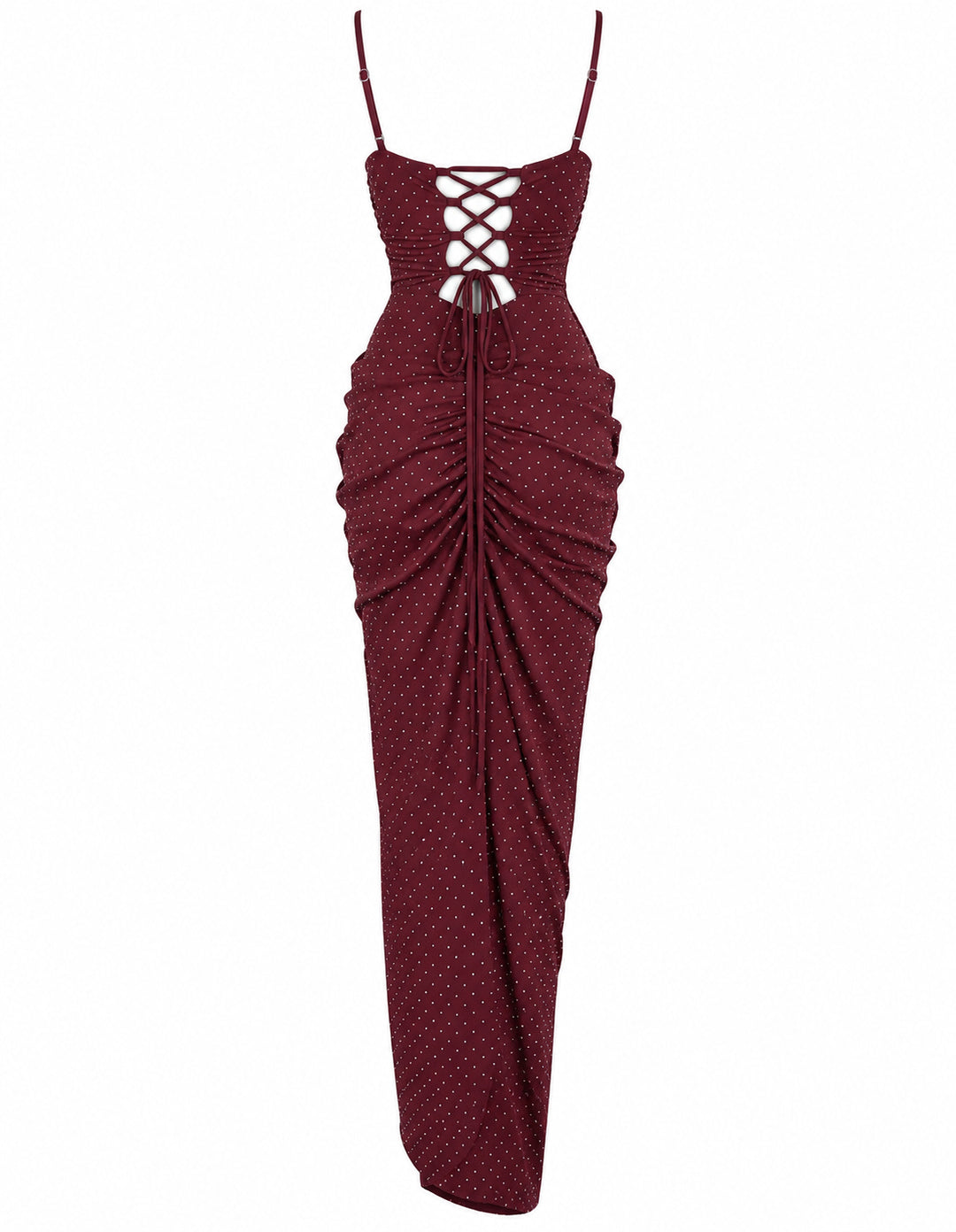 Women’s Burgundy Ruched Maxi Dress with Sparkling Details