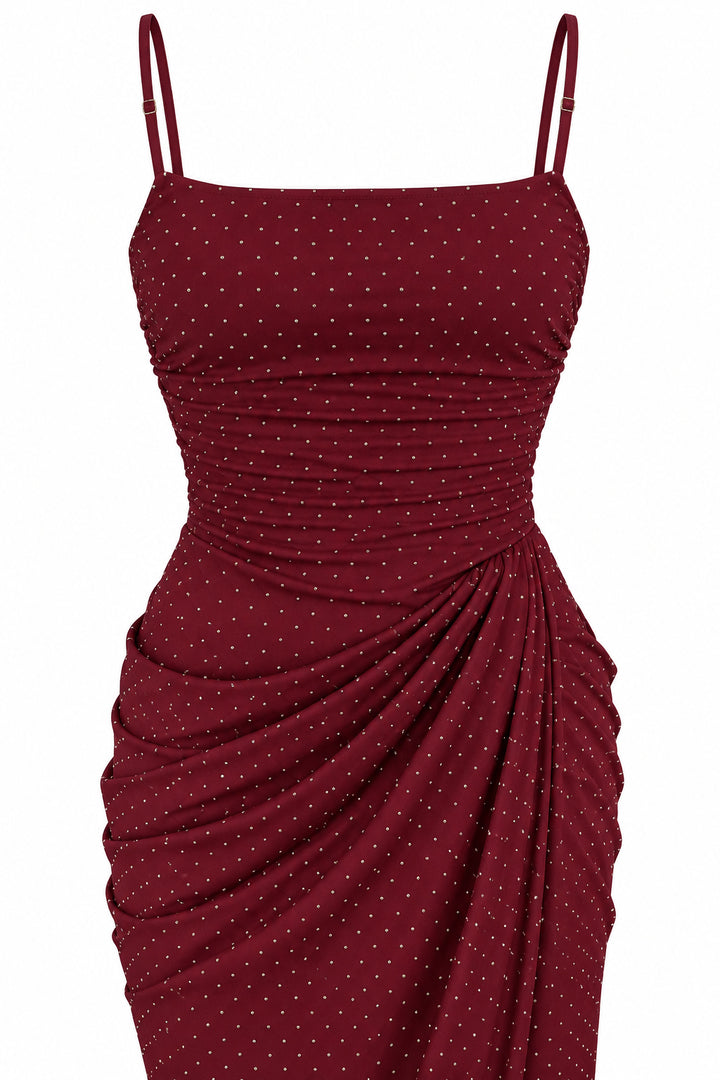 Women’s Burgundy Ruched Maxi Dress with Sparkling Details