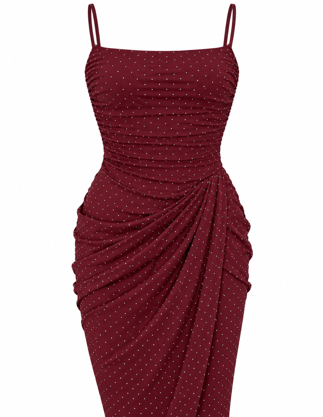 Women’s Burgundy Ruched Maxi Dress with Sparkling Details