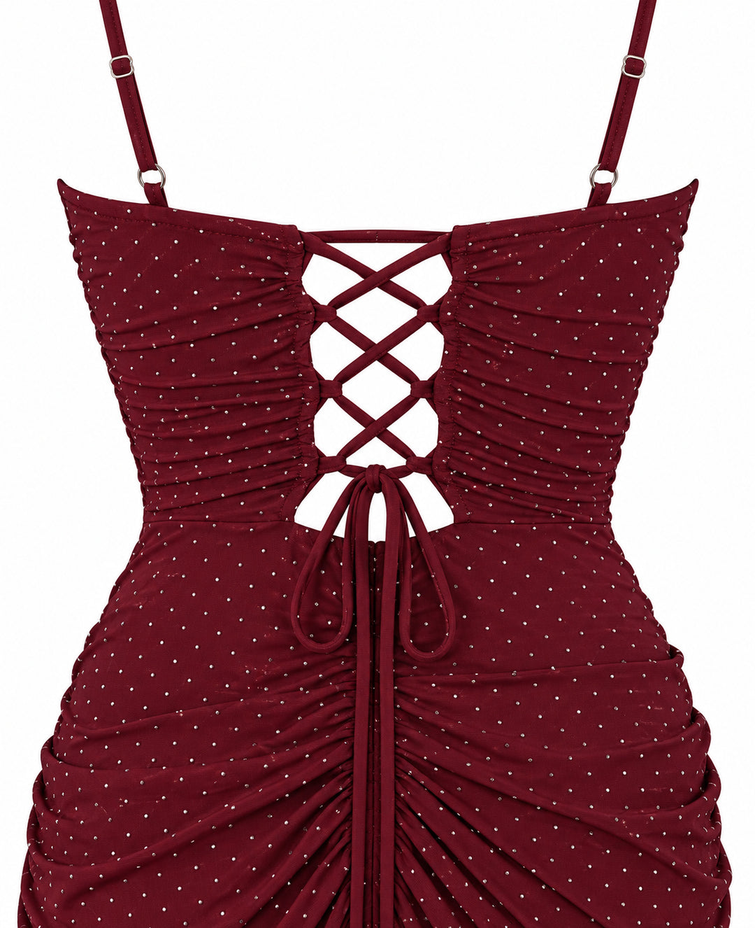 Women’s Burgundy Ruched Maxi Dress with Sparkling Details