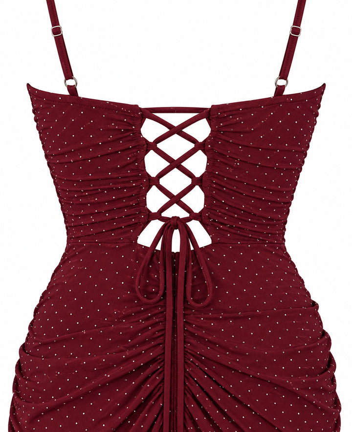 Women’s Burgundy Ruched Maxi Dress with Sparkling Details