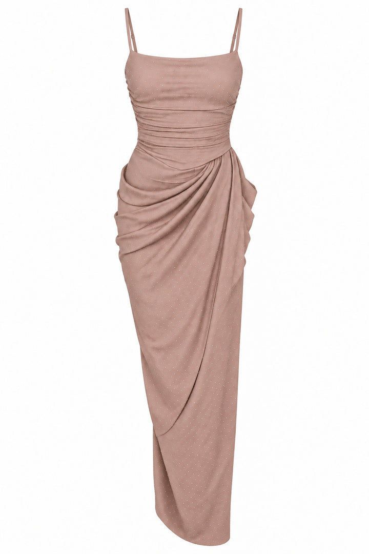 Women’s Dusty Pink Ruched Maxi Dress with Sparkling Details