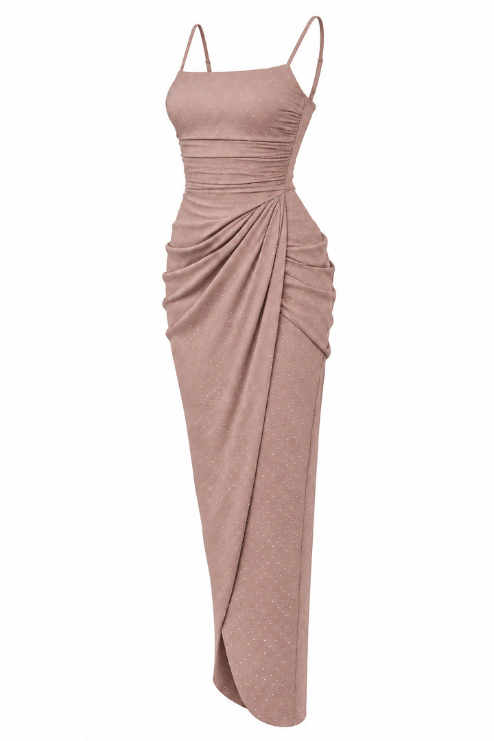 Women’s Dusty Pink Ruched Maxi Dress with Sparkling Details