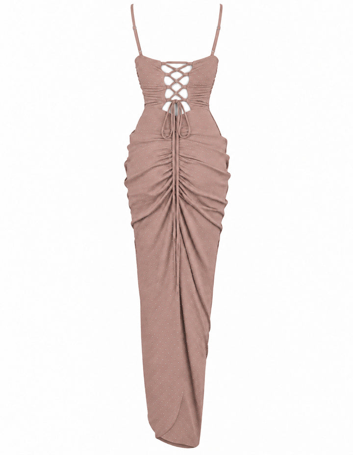 Women’s Dusty Pink Ruched Maxi Dress with Sparkling Details