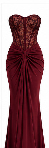 Women’s Burgundy Strapless Lace Corset Maxi Dress with Draped Waist