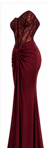 Women’s Burgundy Strapless Lace Corset Maxi Dress with Draped Waist