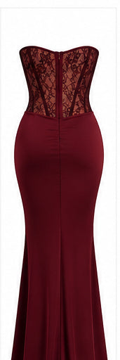 Women’s Burgundy Strapless Lace Corset Maxi Dress with Draped Waist