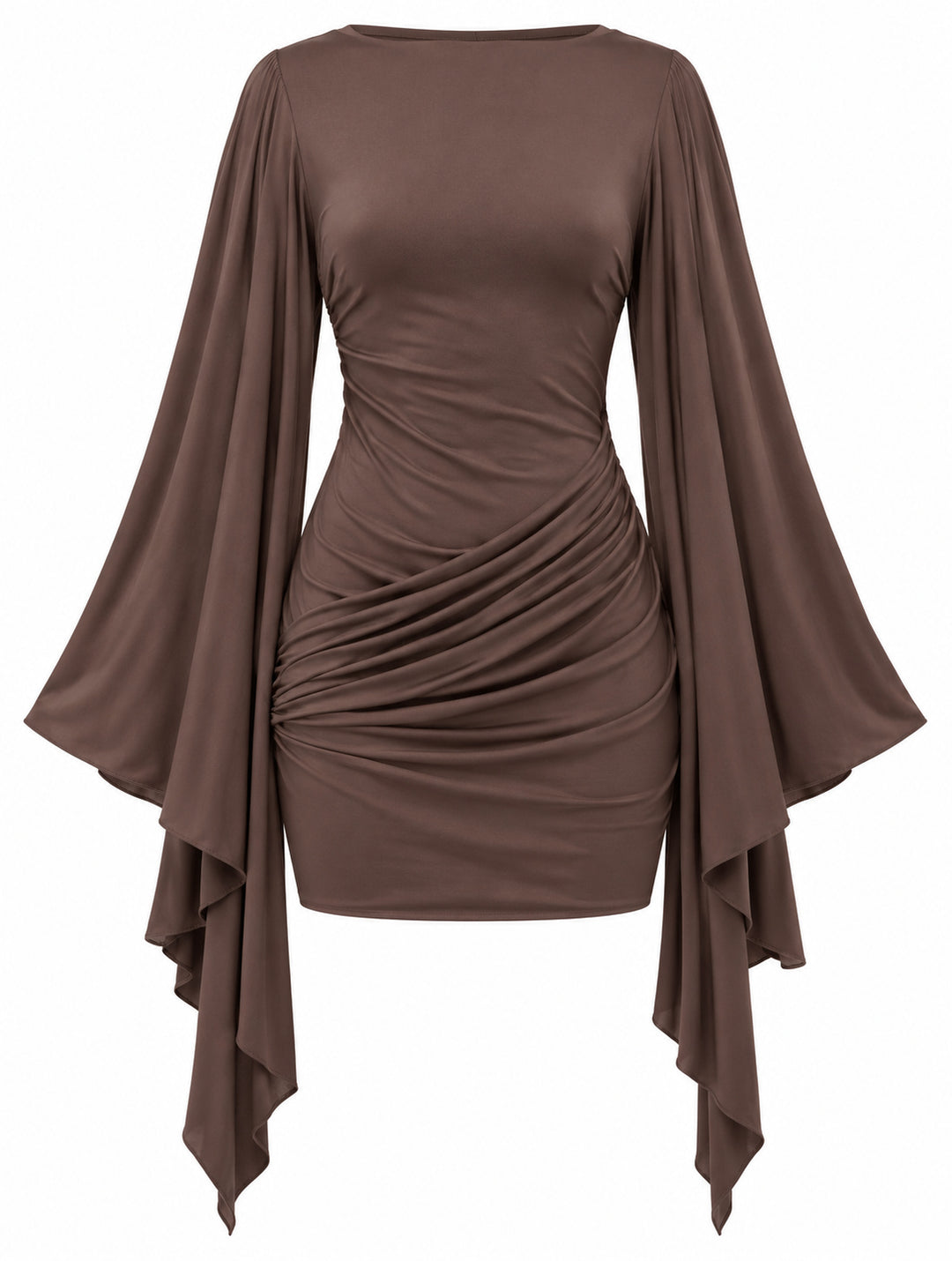 Women's Draped Mini Dress with Waterfall Sleeves – Chocolate Brown