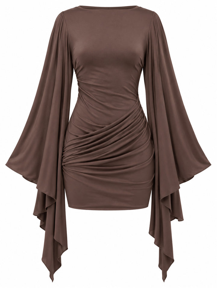 Women's Draped Mini Dress with Waterfall Sleeves – Chocolate Brown