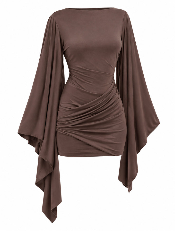 Women's Draped Mini Dress with Waterfall Sleeves – Chocolate Brown