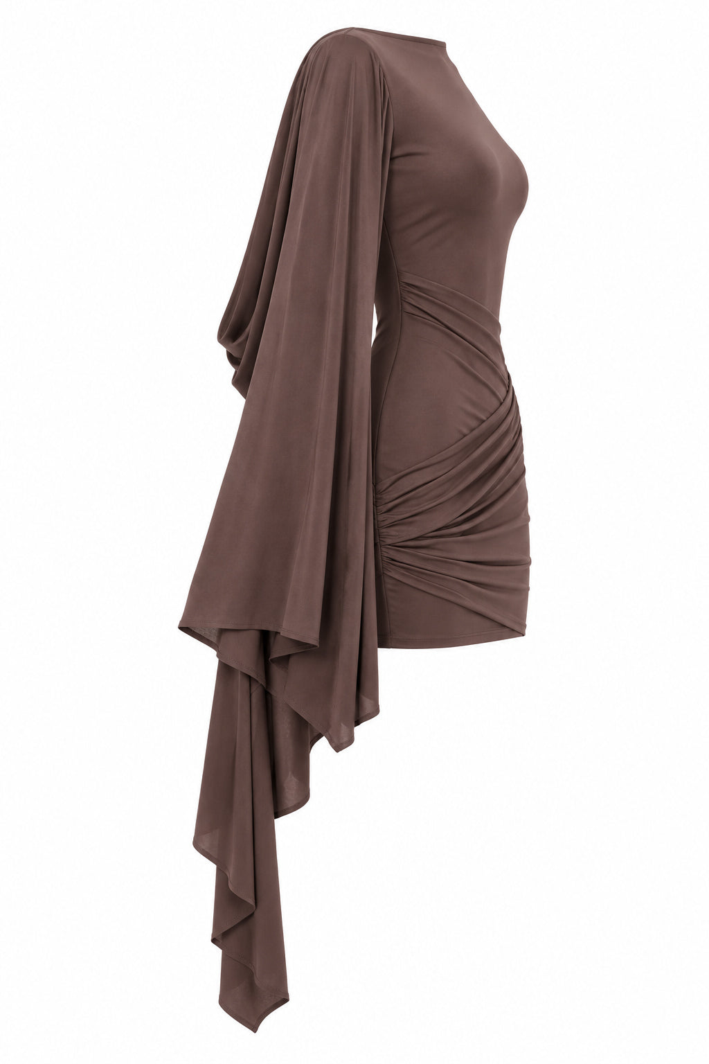 Women's Draped Mini Dress with Waterfall Sleeves – Chocolate Brown