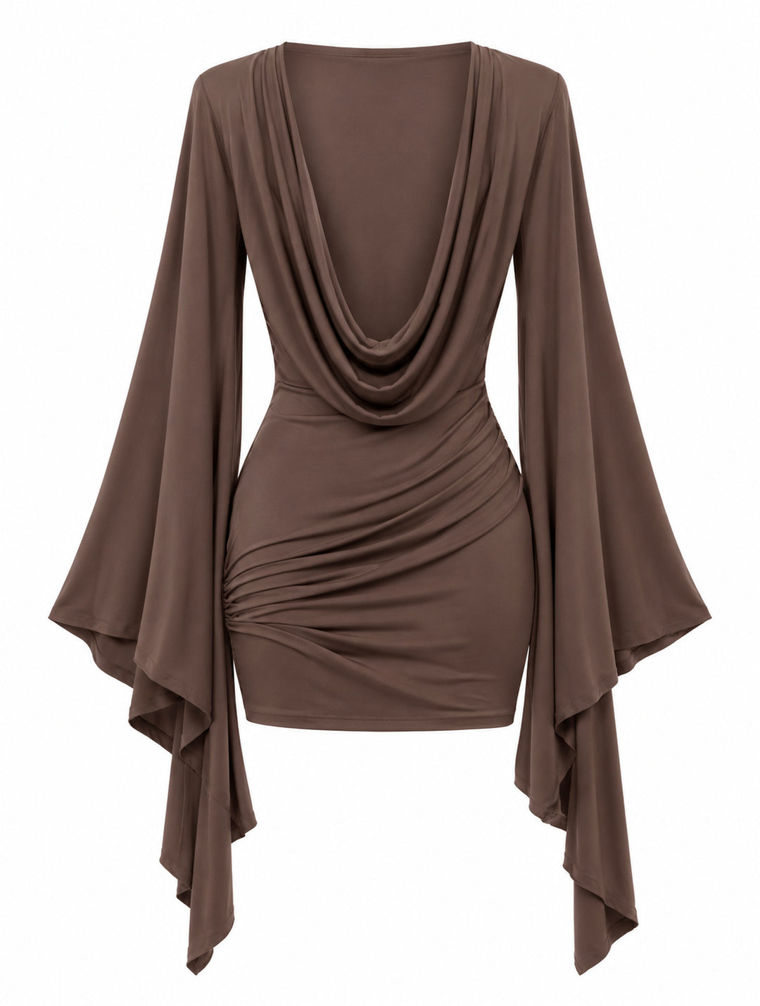 Women's Draped Mini Dress with Waterfall Sleeves – Chocolate Brown