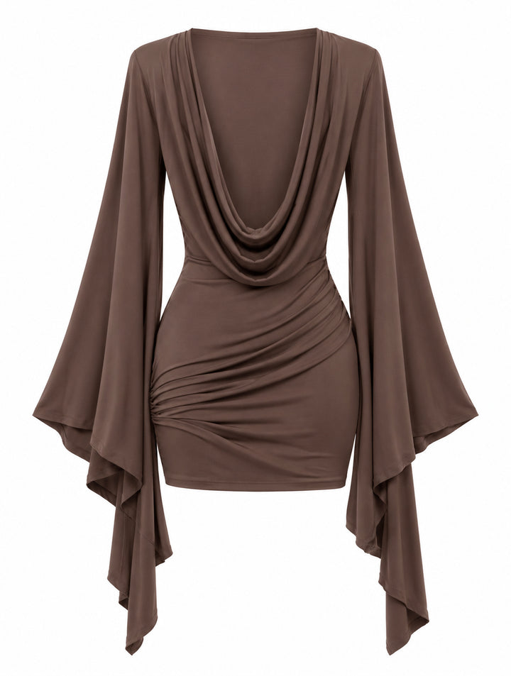Women's Draped Mini Dress with Waterfall Sleeves – Chocolate Brown