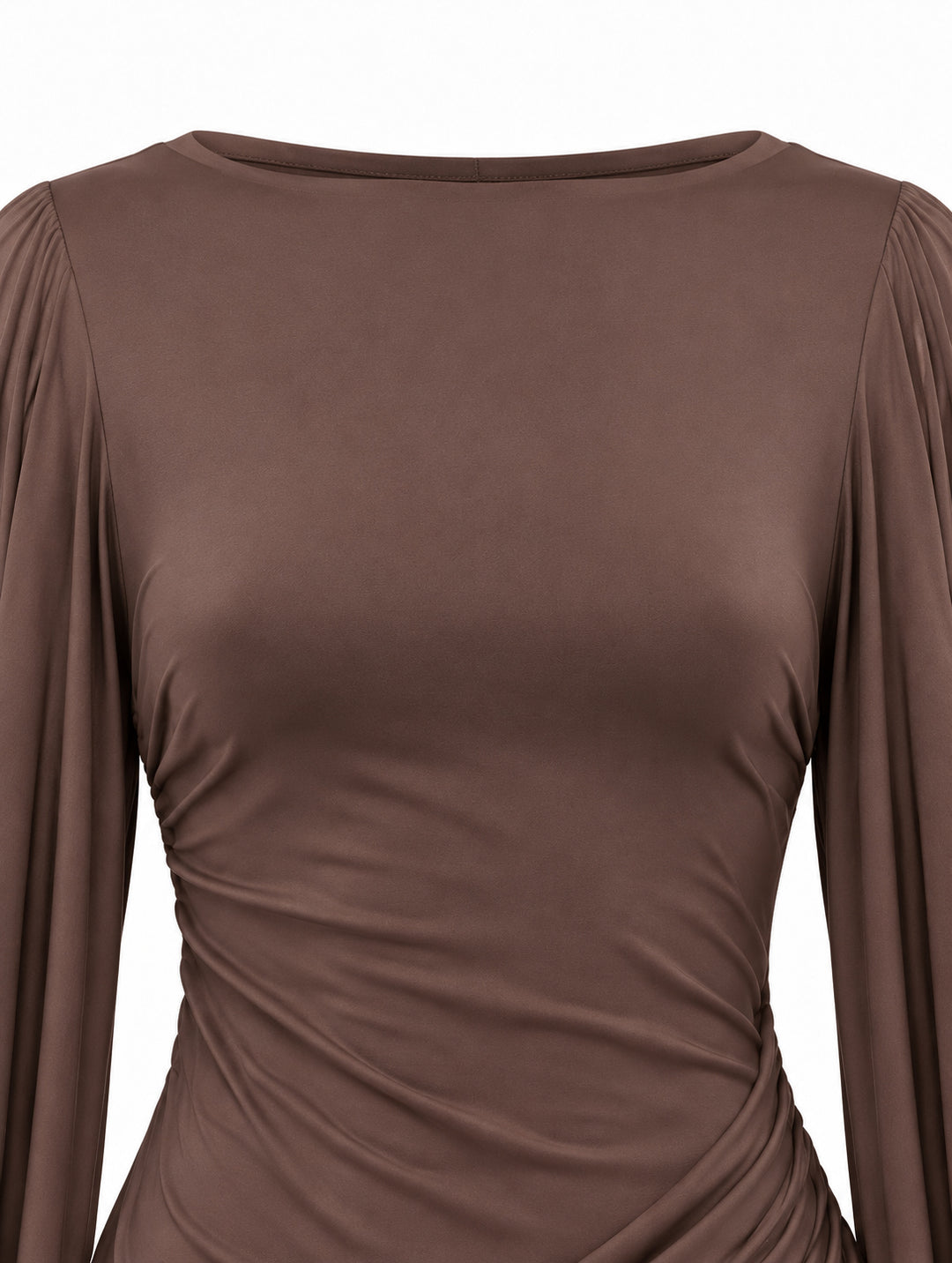 Women's Draped Mini Dress with Waterfall Sleeves – Chocolate Brown
