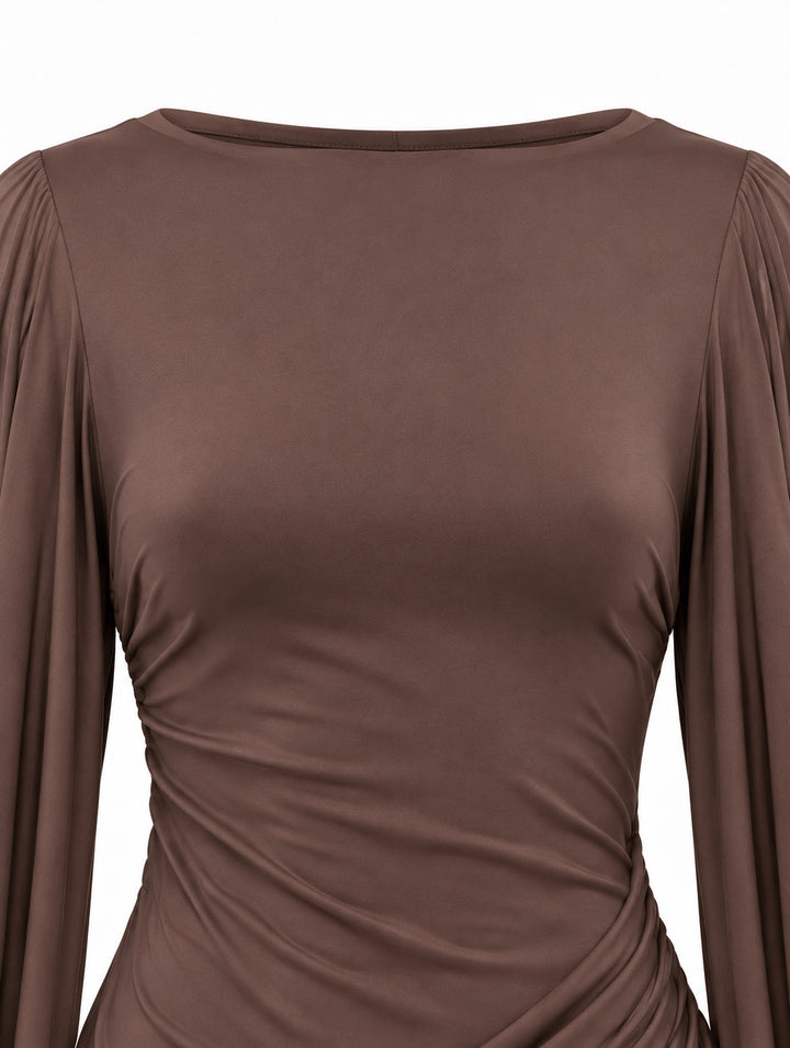 Women's Draped Mini Dress with Waterfall Sleeves – Chocolate Brown