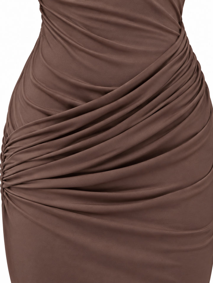 Women's Draped Mini Dress with Waterfall Sleeves – Chocolate Brown