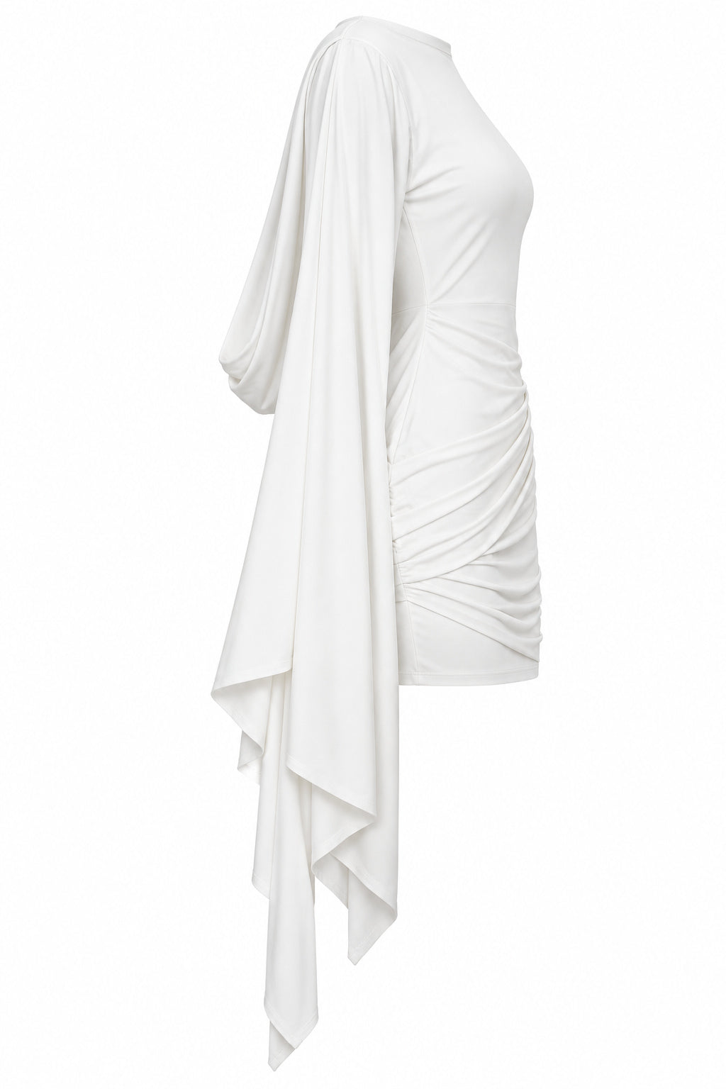 Women’s Elegant Draped Mini Dress with Waterfall Sleeves – White