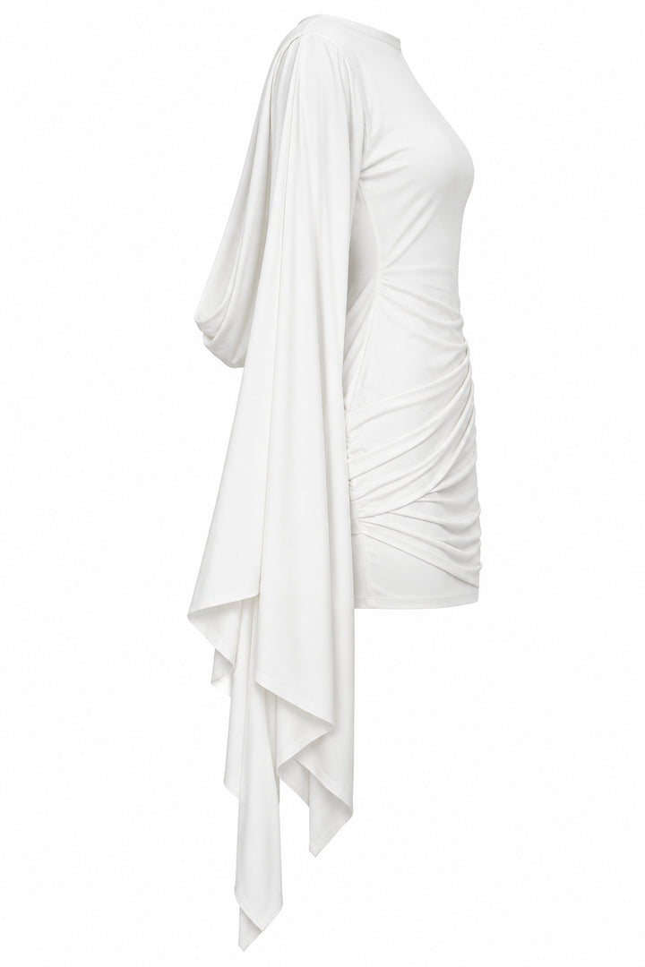 Women’s Elegant Draped Mini Dress with Waterfall Sleeves – White