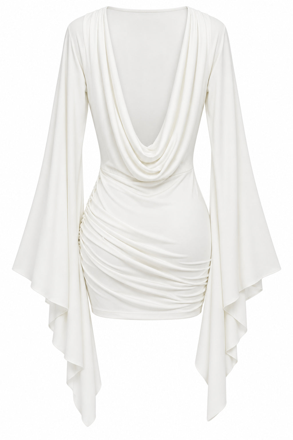Women’s Elegant Draped Mini Dress with Waterfall Sleeves – White