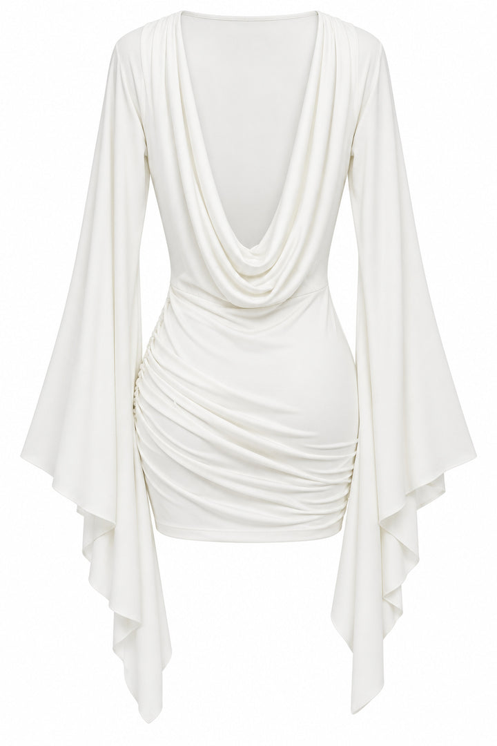 Women’s Elegant Draped Mini Dress with Waterfall Sleeves – White