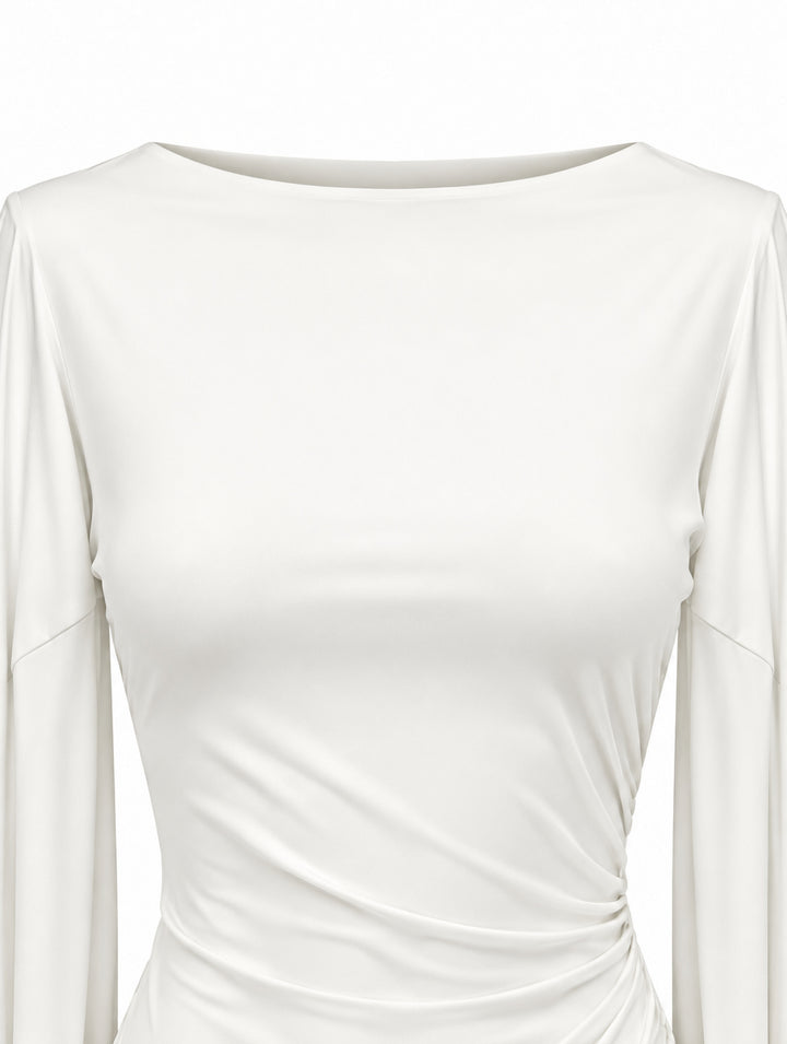 Women’s Elegant Draped Mini Dress with Waterfall Sleeves – White