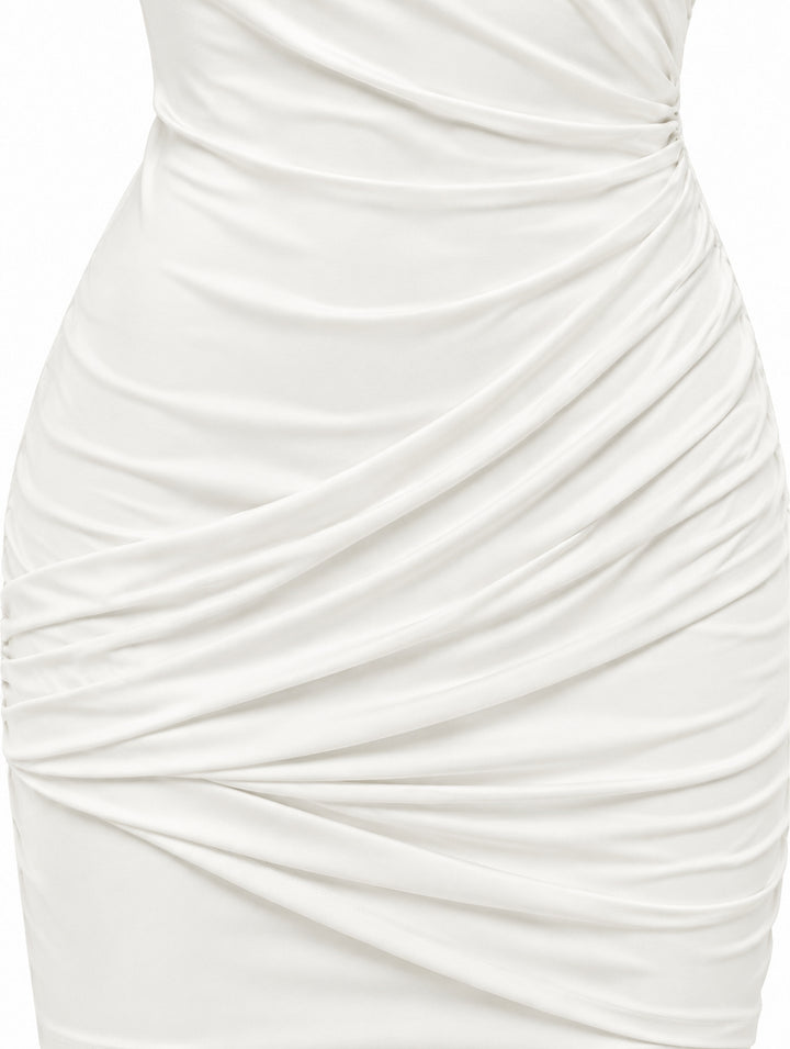 Women’s Elegant Draped Mini Dress with Waterfall Sleeves – White