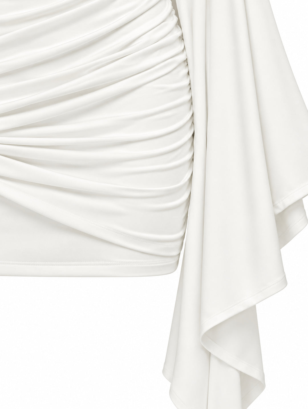 Women’s Elegant Draped Mini Dress with Waterfall Sleeves – White