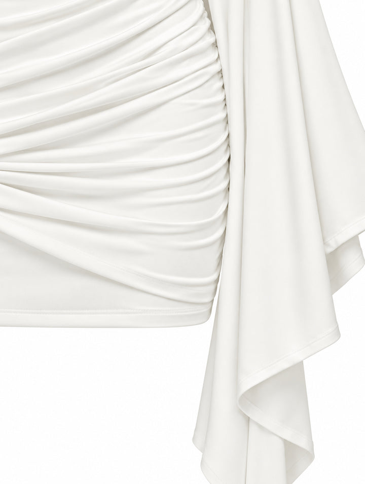 Women’s Elegant Draped Mini Dress with Waterfall Sleeves – White