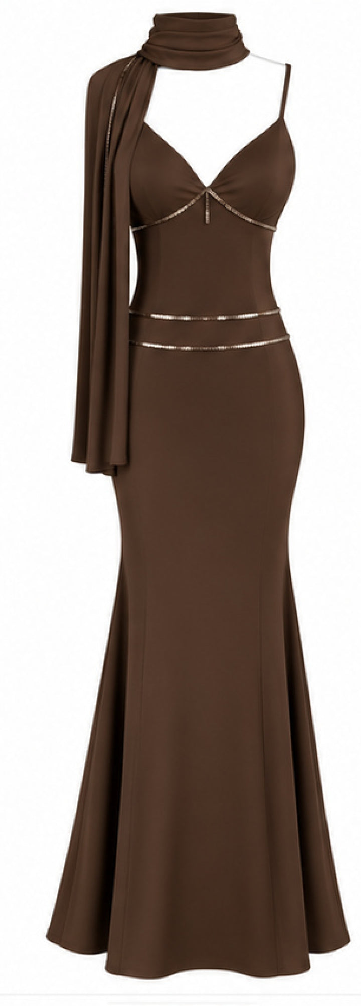 Women's Chocolate Brown Mermaid Maxi Dress with Sequin Details; Draped Scarf