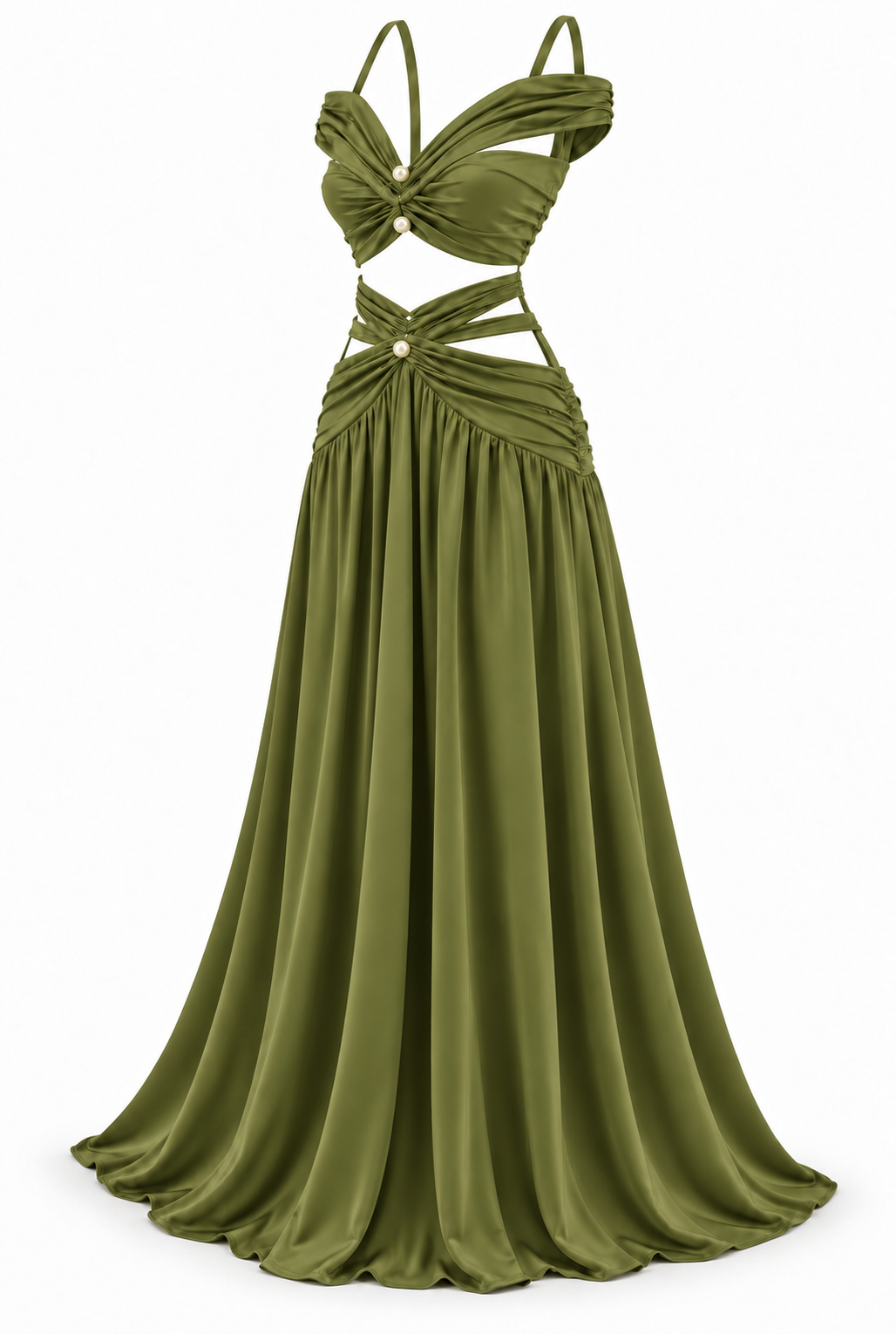 Women's Olive Green Two-Piece Maxi Set with Pearl Details & Draped Design